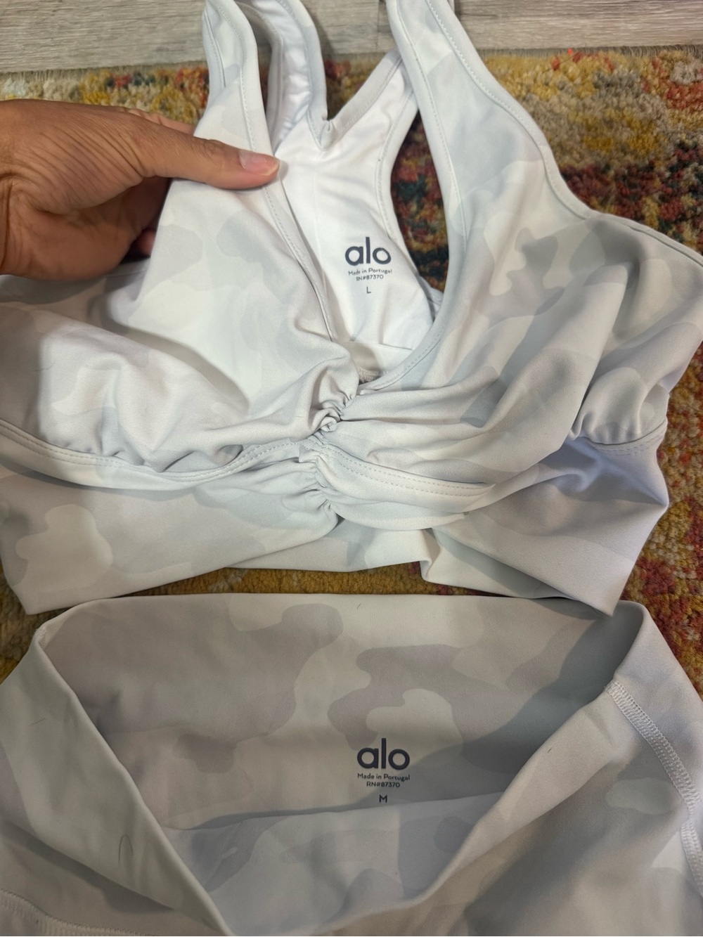 ALO Yoga White Light Gray Camo Sports Bra and Leggings Set